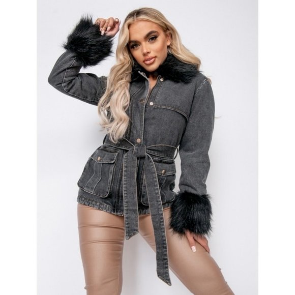 Jackets & Blazers - Shearling Lined Long Sleeve Denim Jeans Jacket with Detachable Fur Collar & Cuff